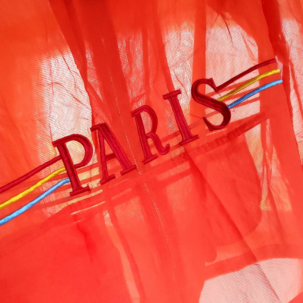Y2K Sheer Mesh Paris Embroidered Hooded Zip Jacket w/ Rainbow Stripe Sporty